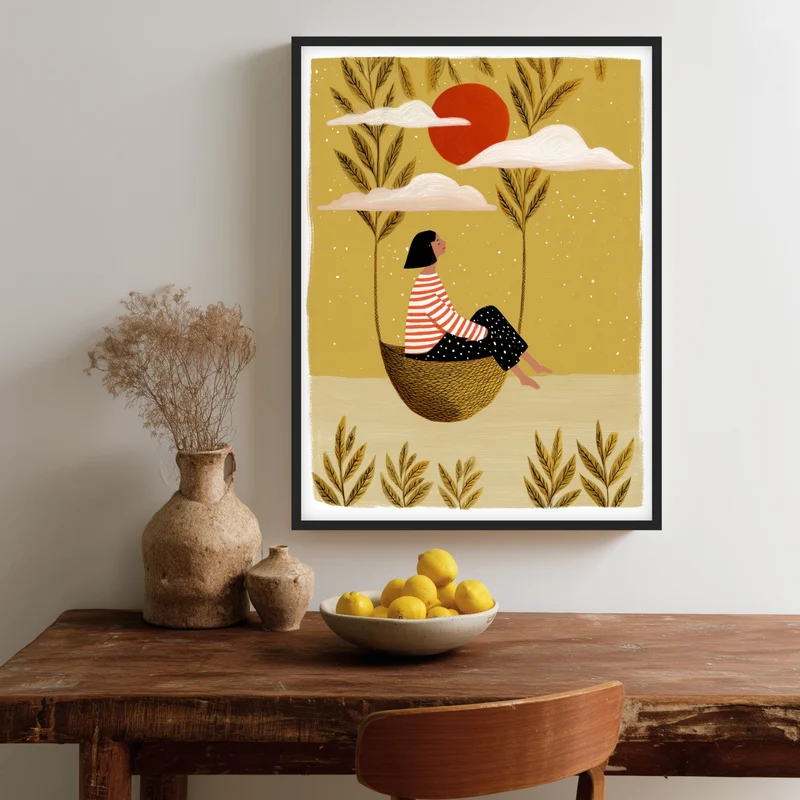 Frau auf Schaukel unter Sonne Poster