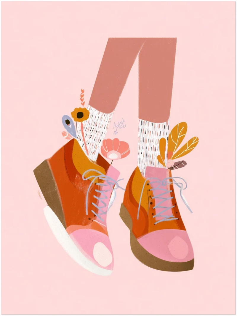 Orangene Schuhe mit Blumen Leinwandbild