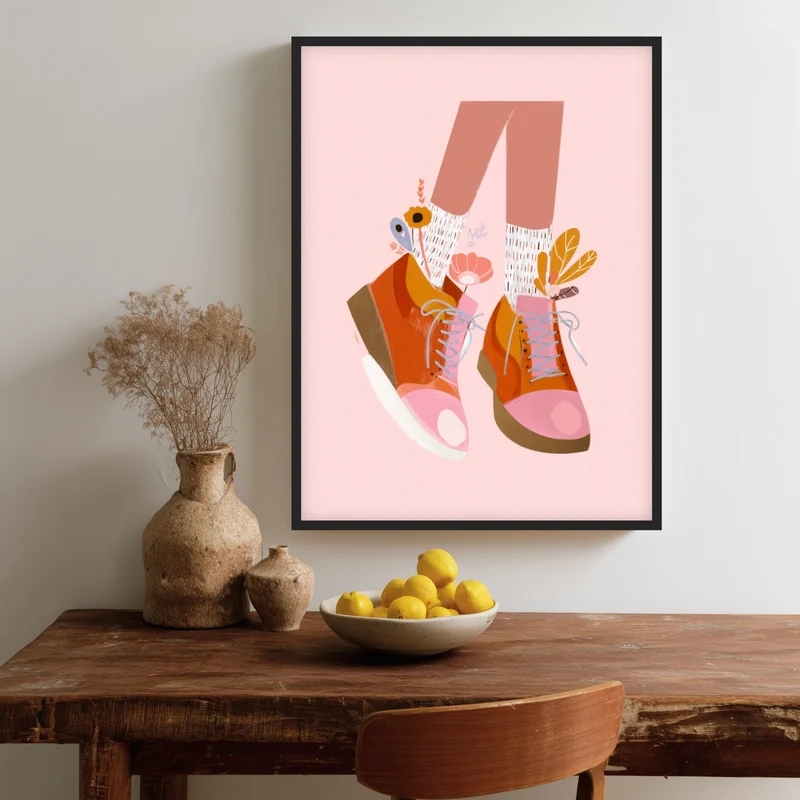 Orangene Schuhe mit Blumen Poster