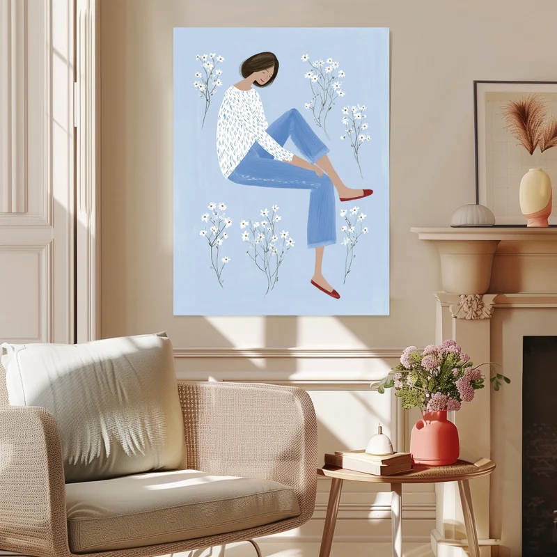 Sitzende Frau mit Blumen Leinwandbild