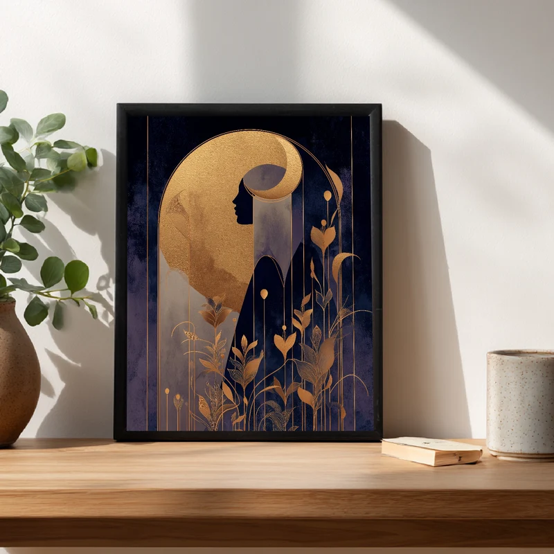 Goldene weibliche Silhouette Pflanzen Poster