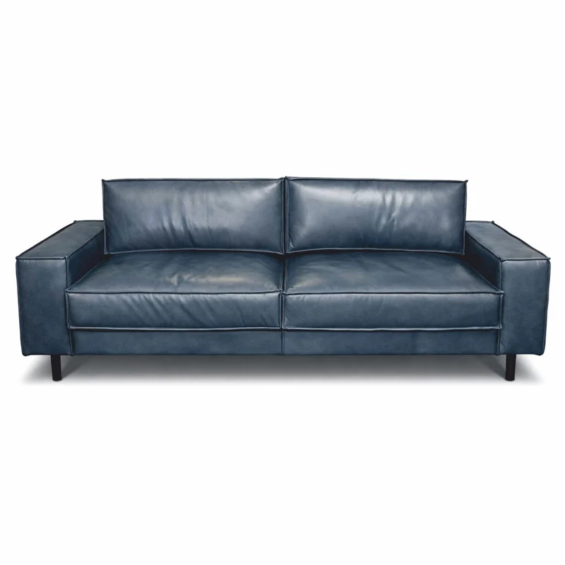 Casa Padrino Luxus Leder Sofa Vintage Blau / Schwarz 210 cm - Echtleder Möbel