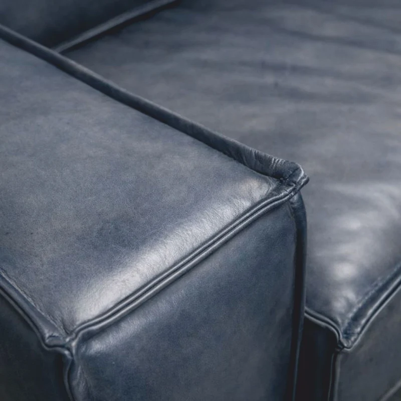 Casa Padrino Luxus Leder Sofa Vintage Blau / Schwarz 210 cm - Echtleder Möbel