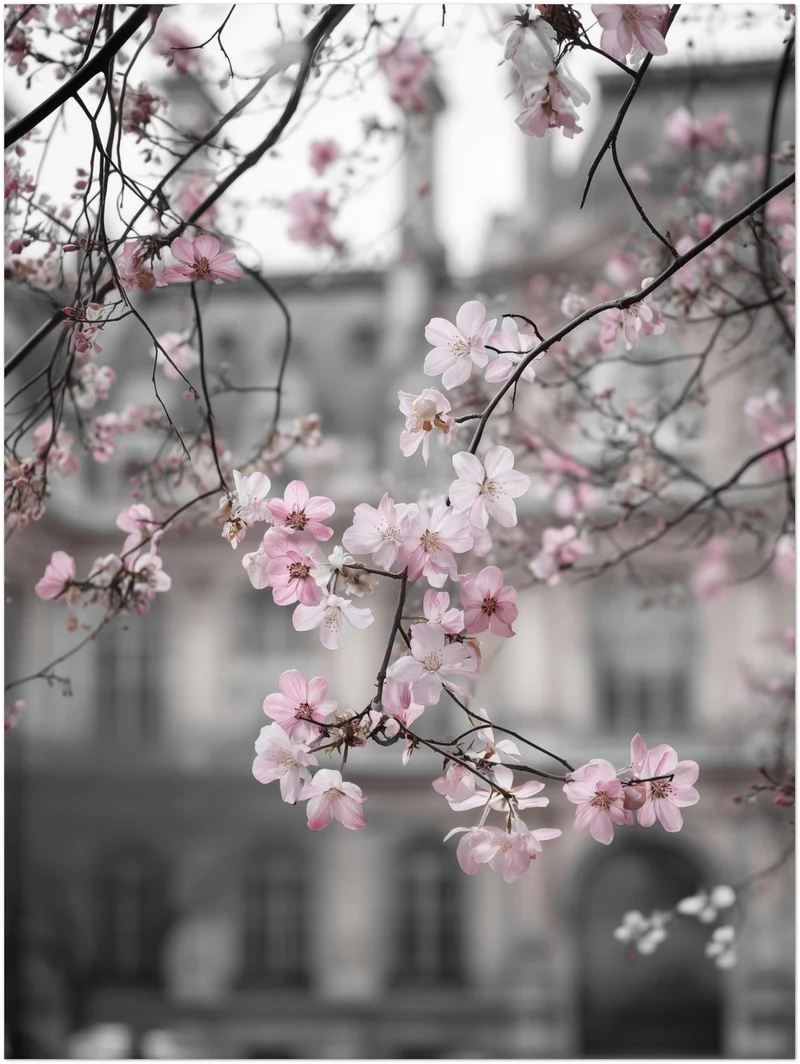 Kirschblüten vor Stadtfassade Leinwandbild