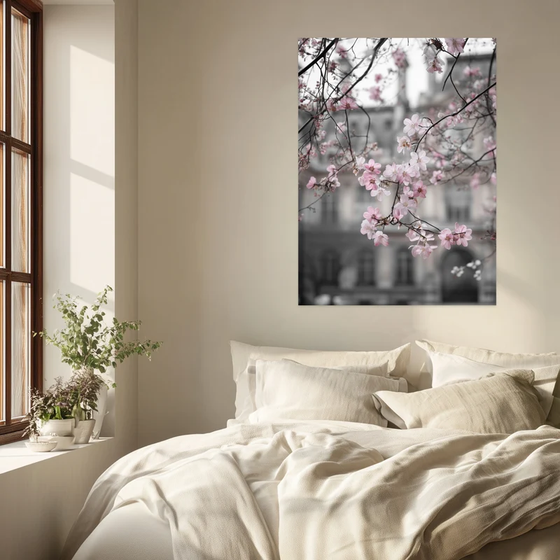 Kirschblüten vor Stadtfassade Poster