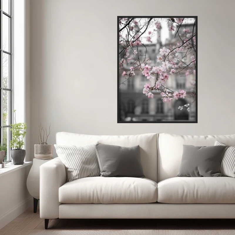 Kirschblüten vor Stadtfassade Poster