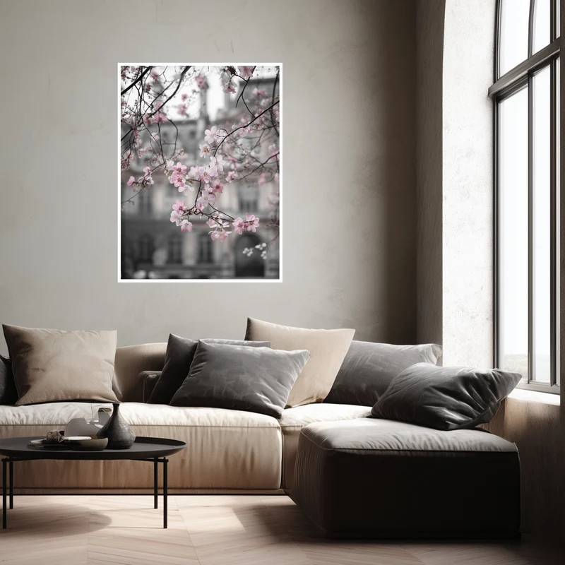 Kirschblüten vor Stadtfassade Poster