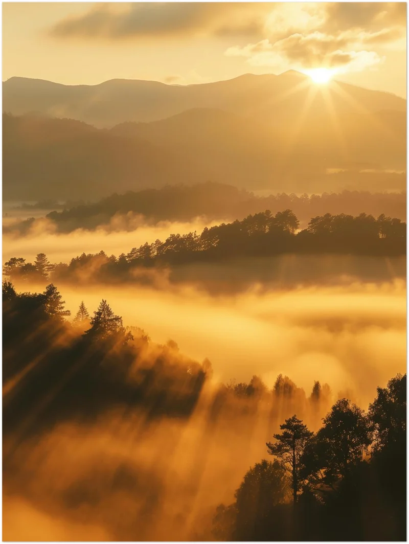 Sonnenstrahlen über Nebelwald Leinwandbild
