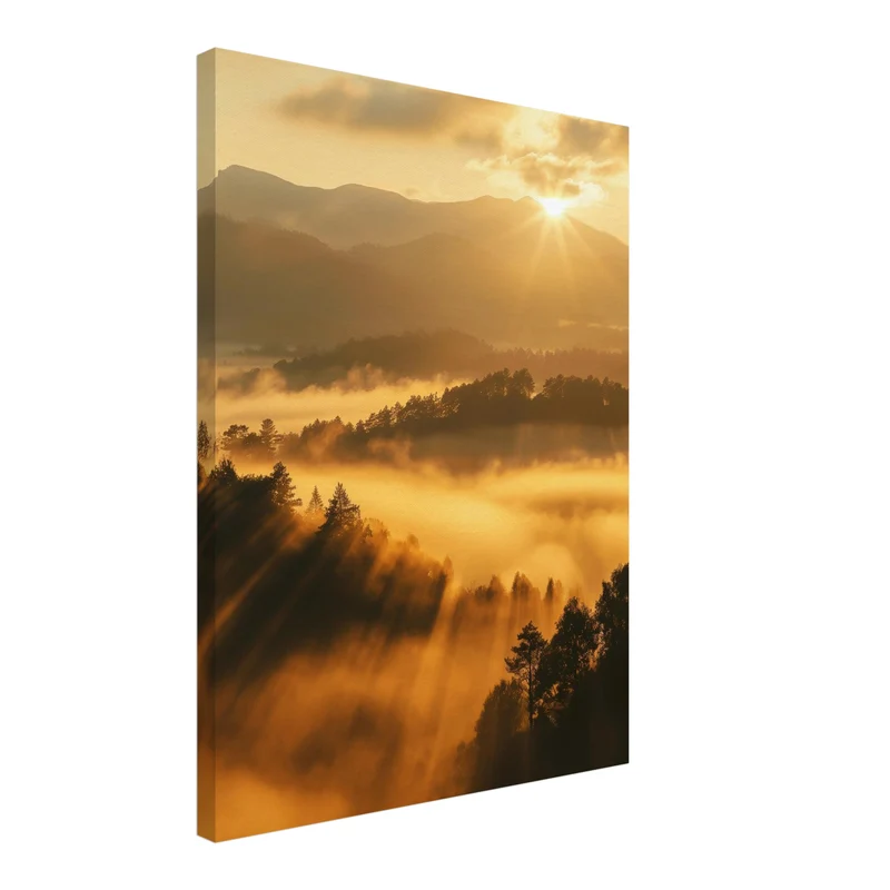Sonnenstrahlen über Nebelwald Leinwandbild