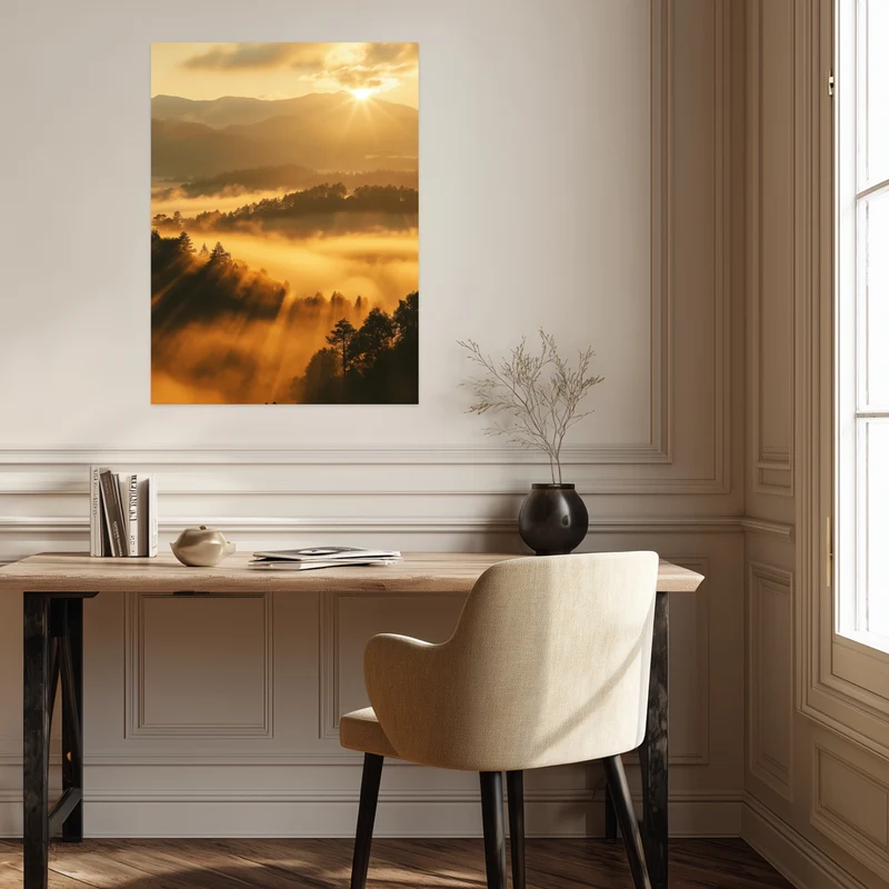 Sonnenstrahlen über Nebelwald Poster