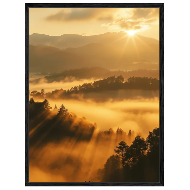 Sonnenstrahlen über Nebelwald Leinwandbild
