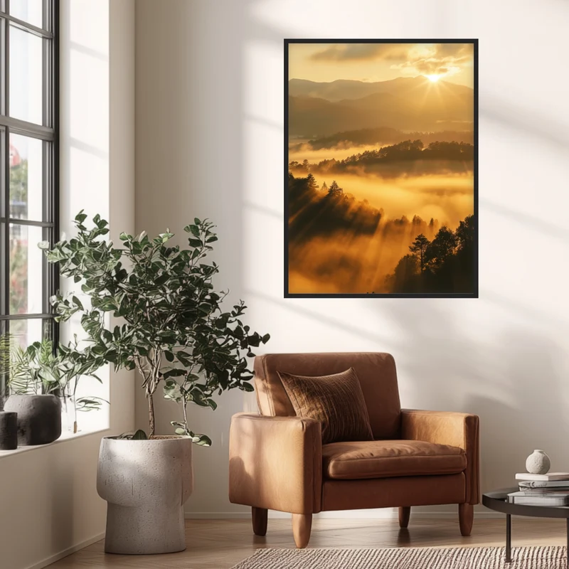 Sonnenstrahlen über Nebelwald Poster