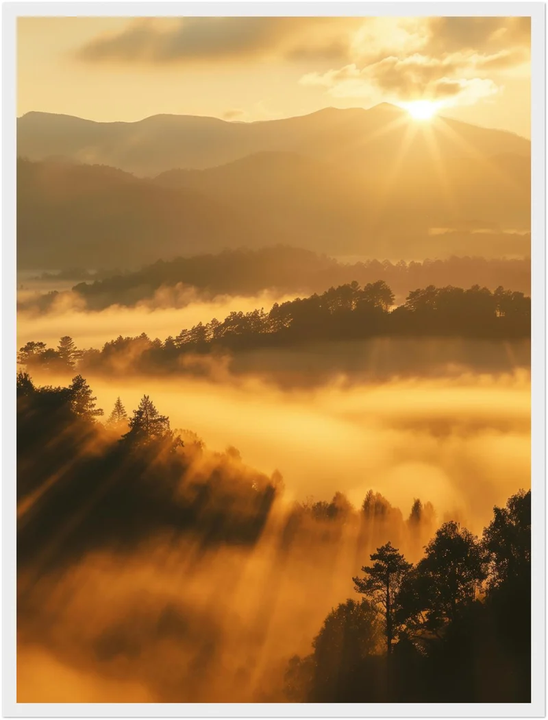 Sonnenstrahlen über Nebelwald Poster