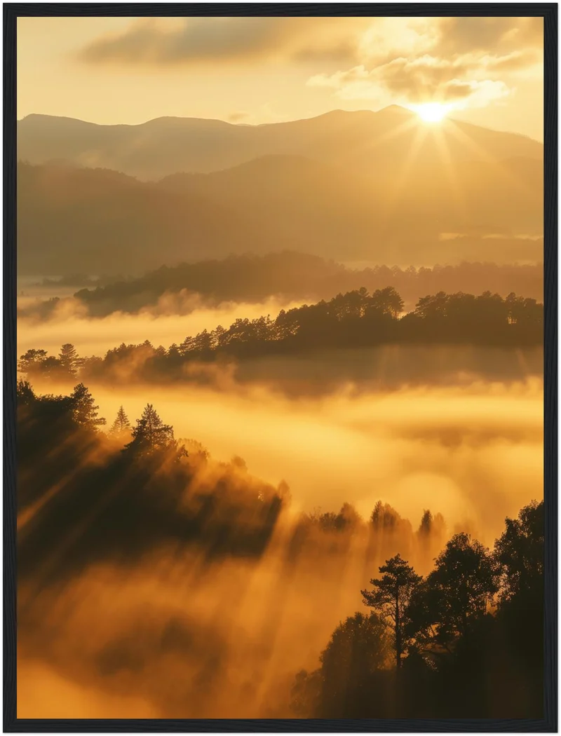Sonnenstrahlen über Nebelwald Poster