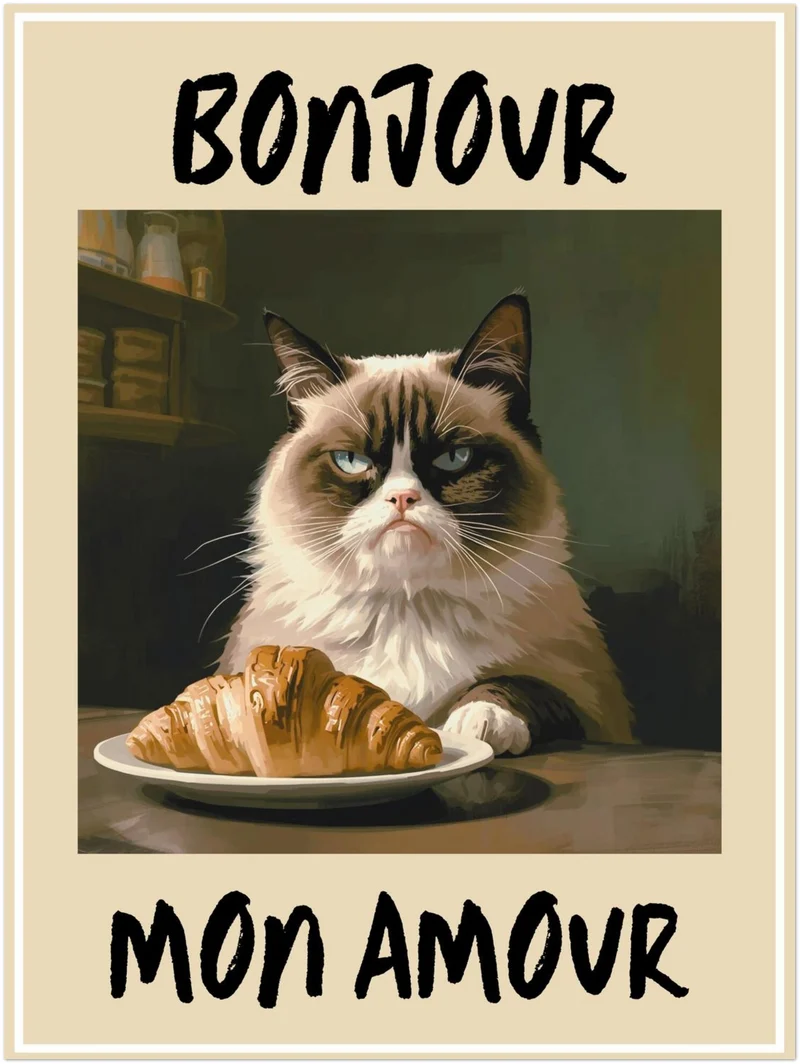 Katze mit Croissant Leinwandbild