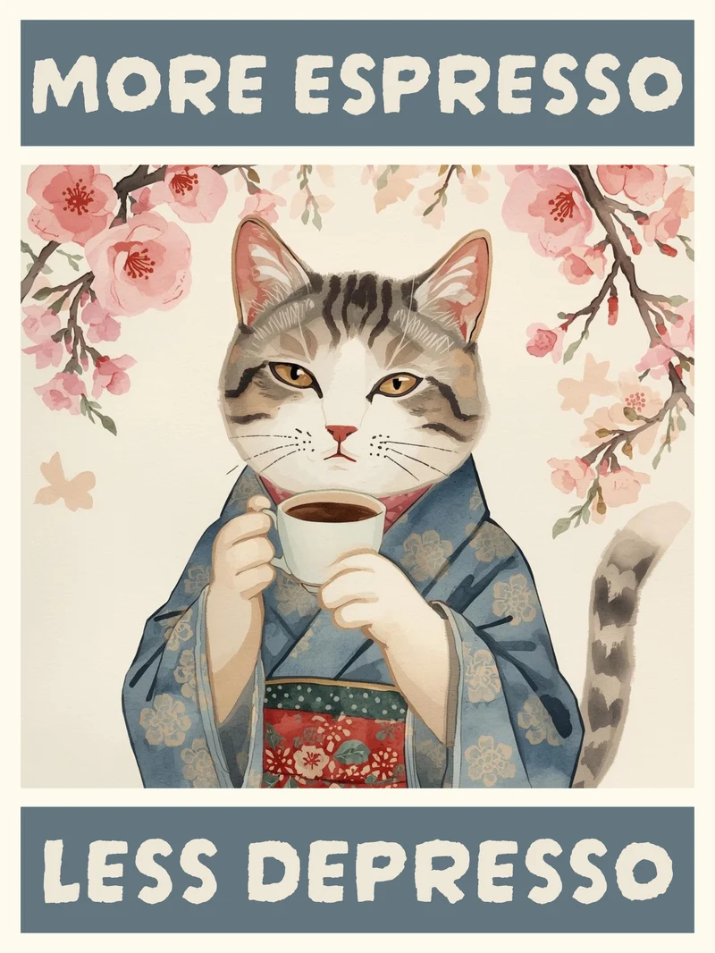 Katze mit Espressotasse Poster