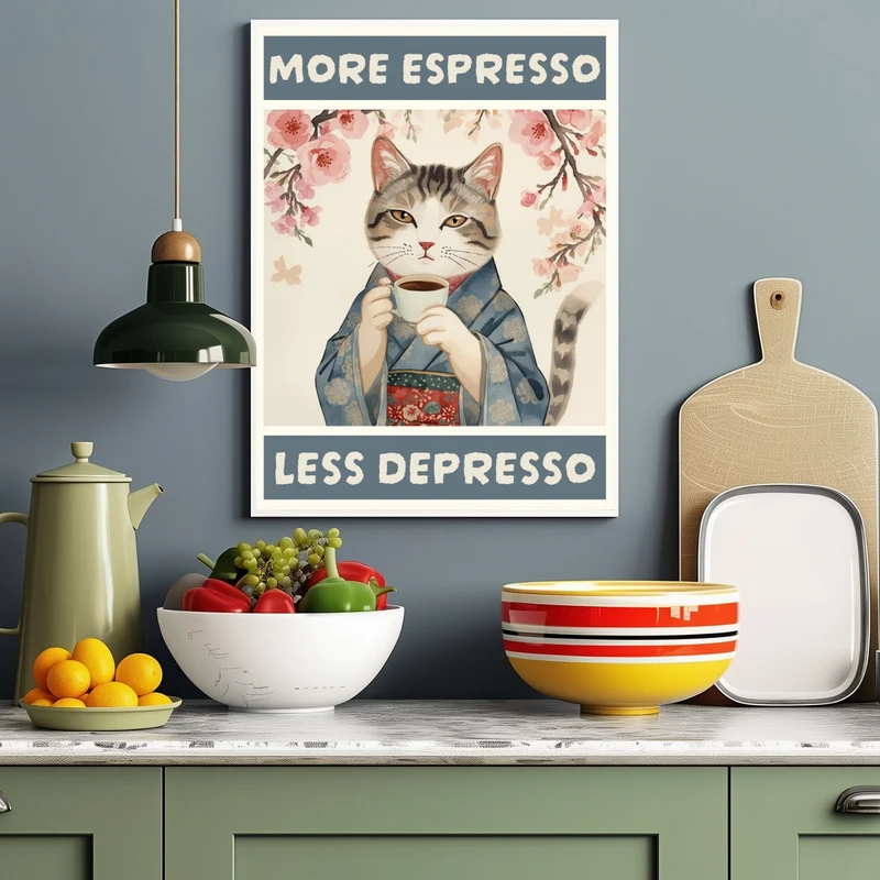 Katze mit Espressotasse Poster