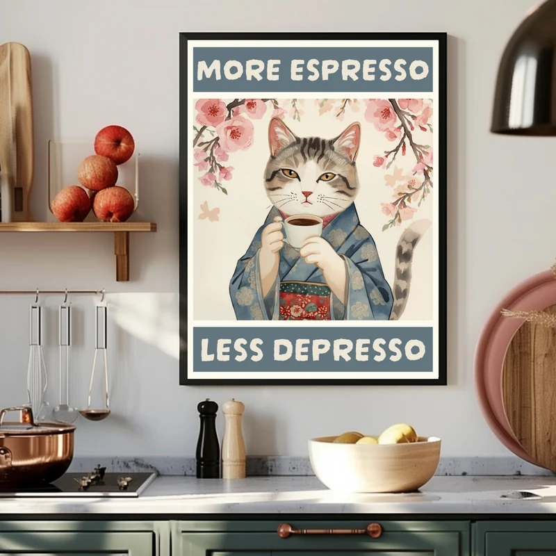 Katze mit Espressotasse Poster
