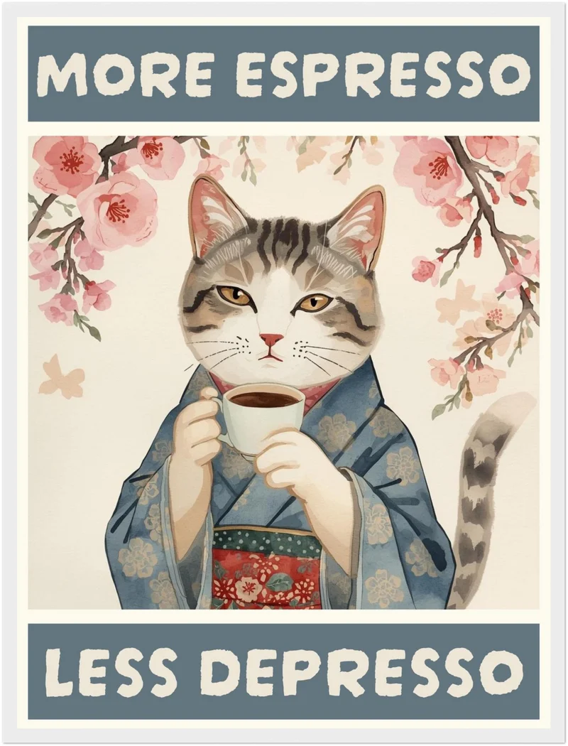 Katze mit Espressotasse Poster