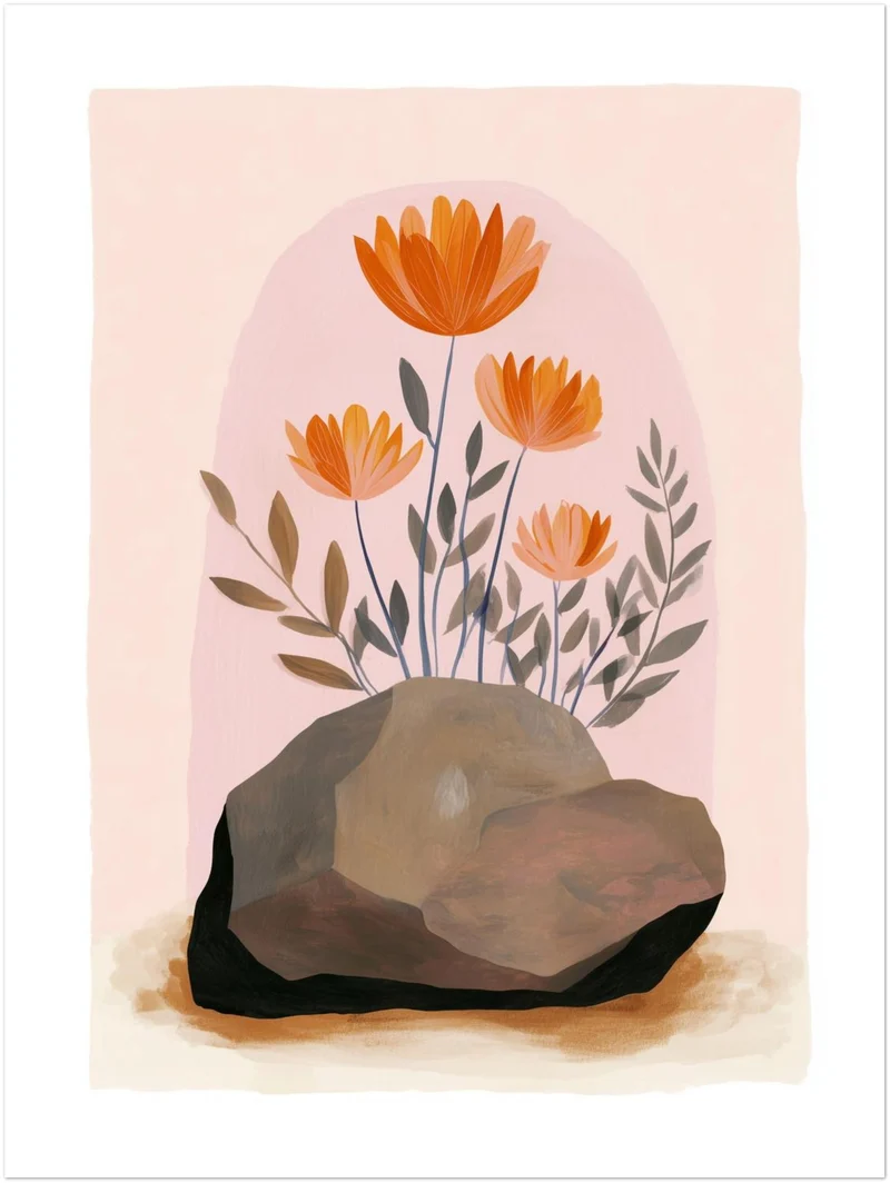 Orange Blumen auf Stein Leinwandbild