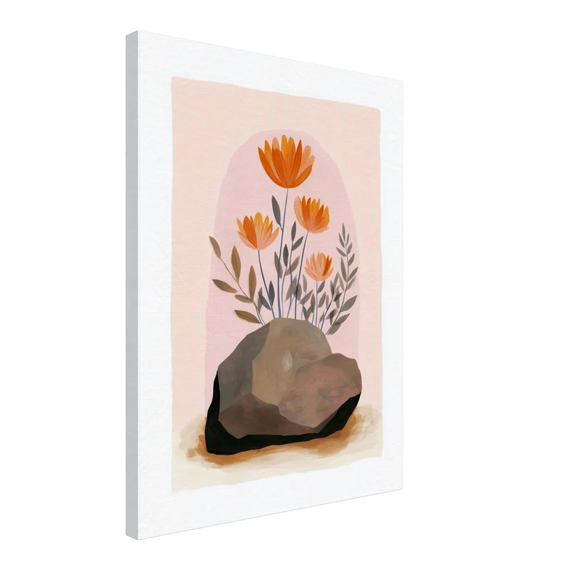 Orange Blumen auf Stein Leinwandbild