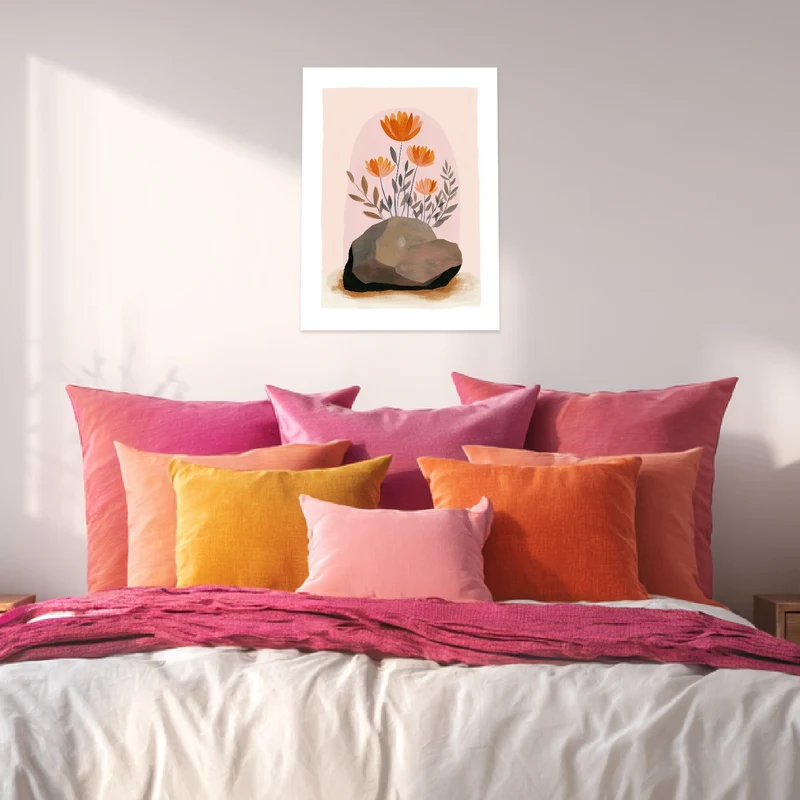 Orange Blumen auf Stein Poster