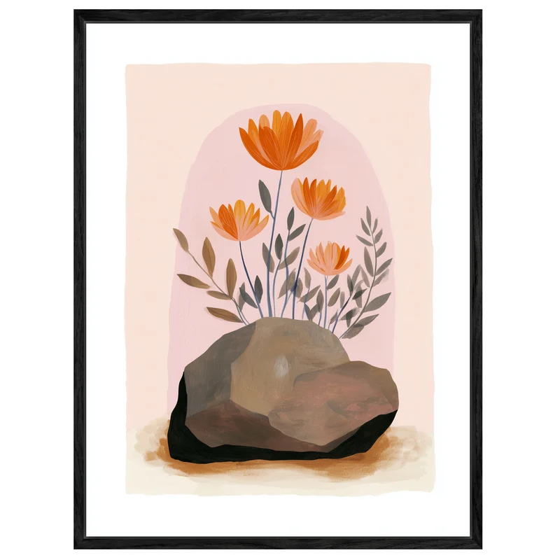 Orange Blumen auf Stein Leinwandbild