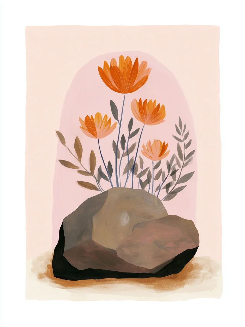Orange Blumen auf Stein Poster