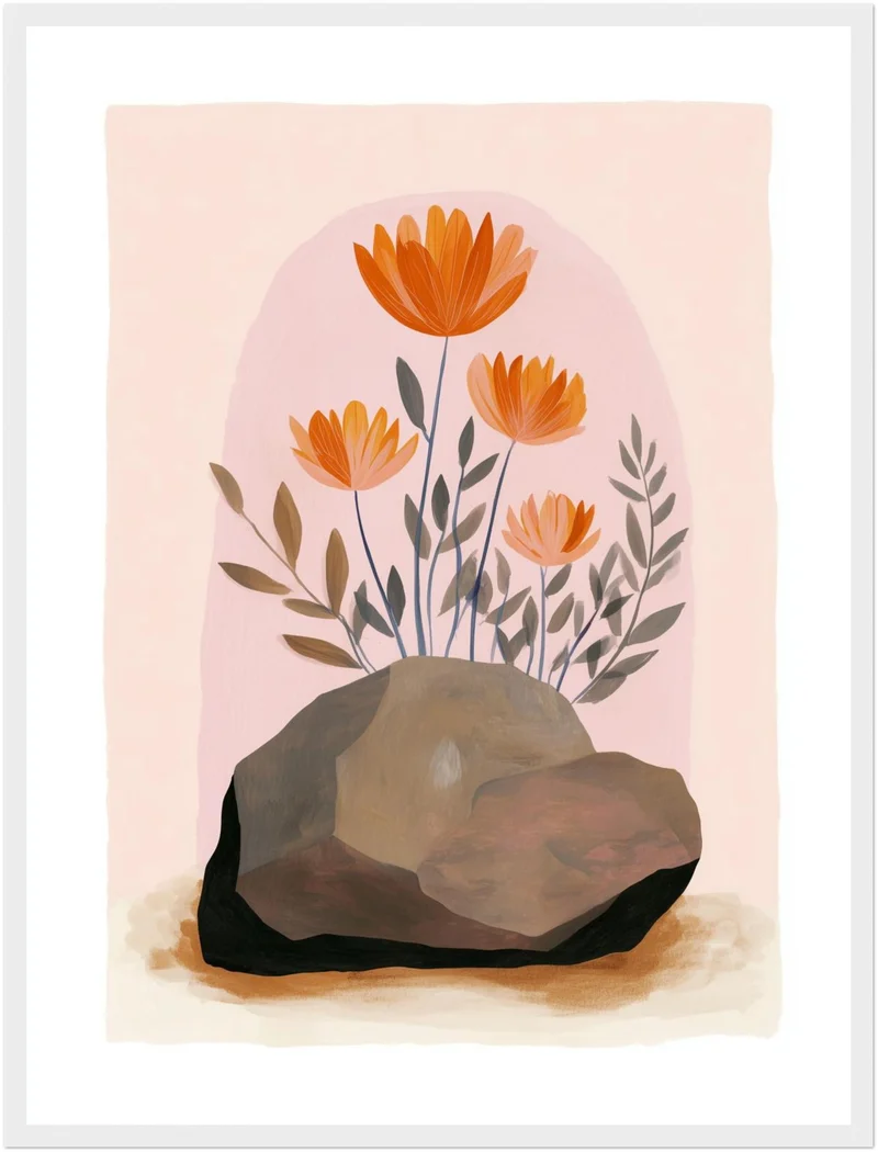Orange Blumen auf Stein Poster