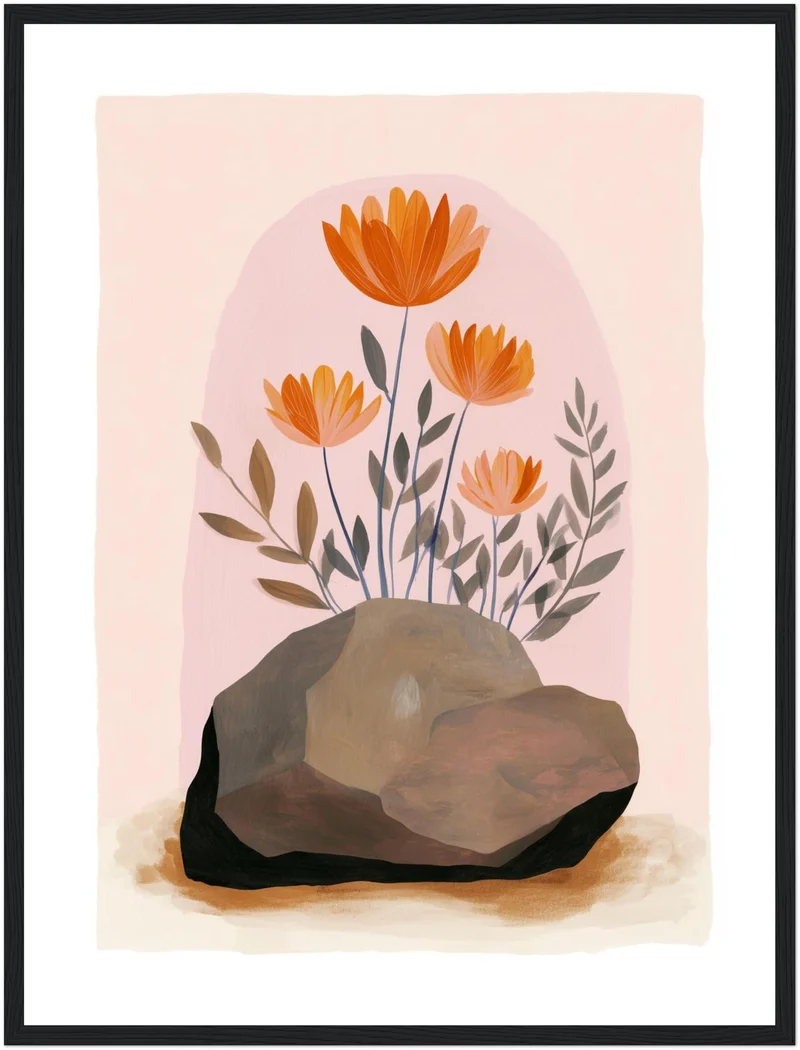 Orange Blumen auf Stein Poster