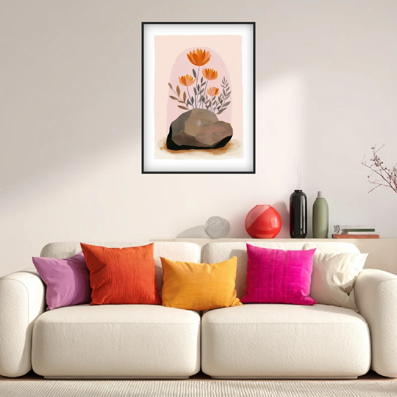 Orange Blumen auf Stein Poster