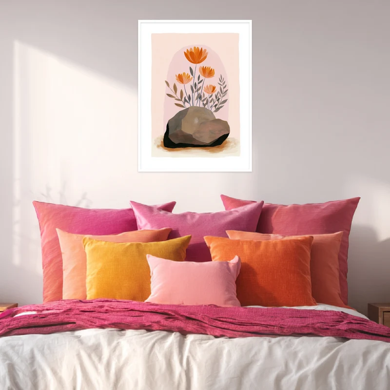Orange Blumen auf Stein Poster