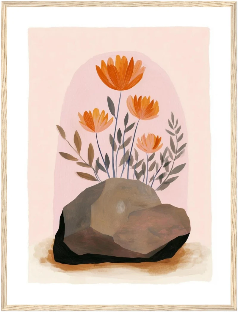 Orange Blumen auf Stein Poster