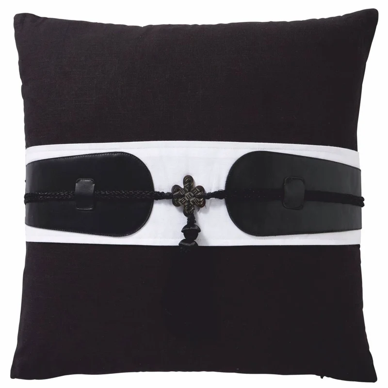 Casa Padrino Luxus Deko Baumwoll Kissen mit Leder Applikationen Schwarz / Weiß 50 x 50 cm