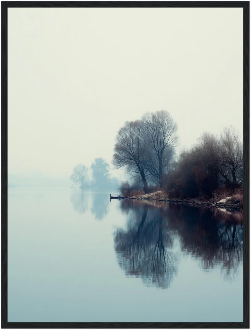 Nebliger See mit Bäumen Poster