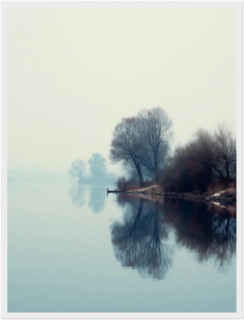Nebliger See mit Bäumen Poster