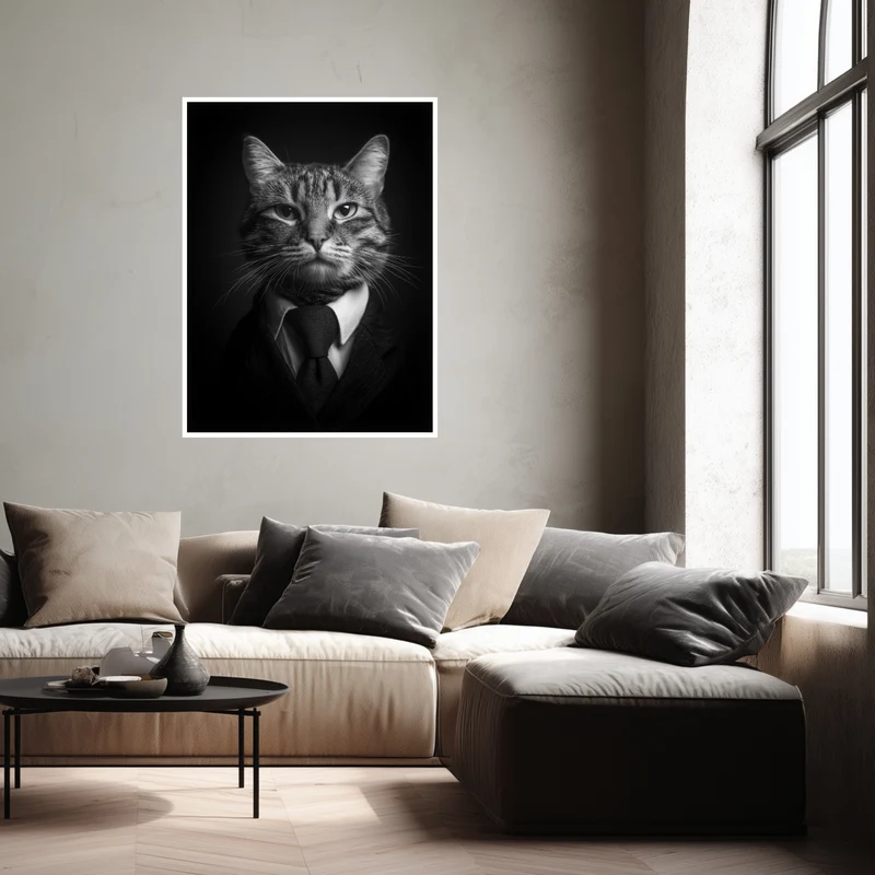 Katze im Anzug schwarz weiß Poster