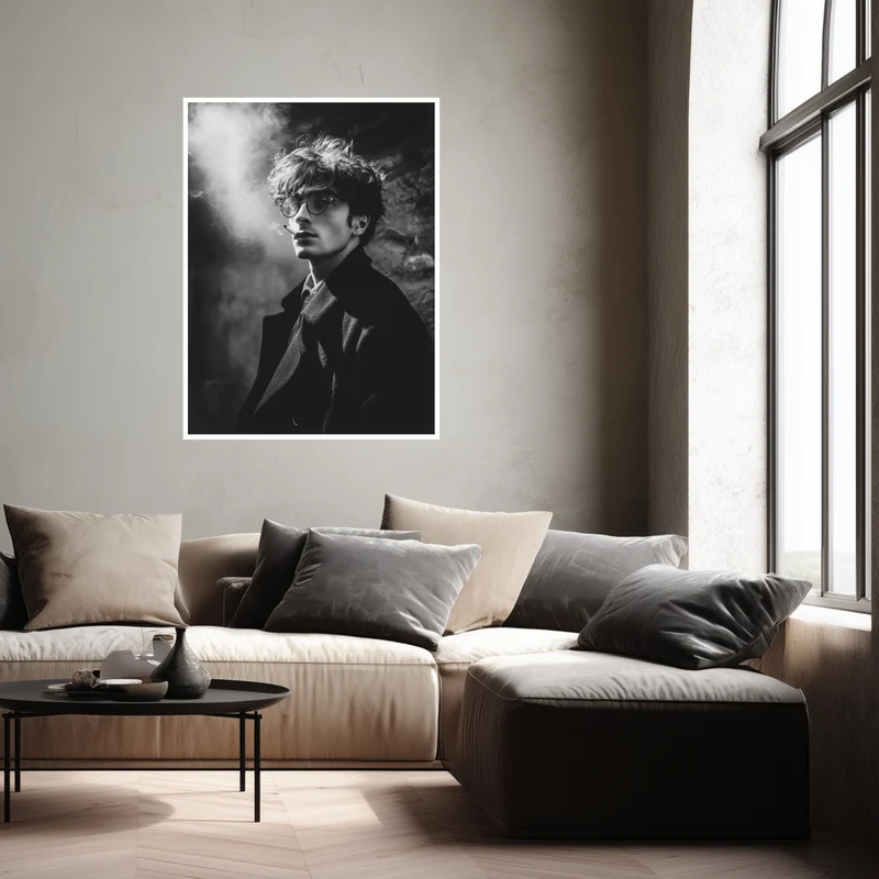 Männerporträt mit Rauch schwarz weiß Poster