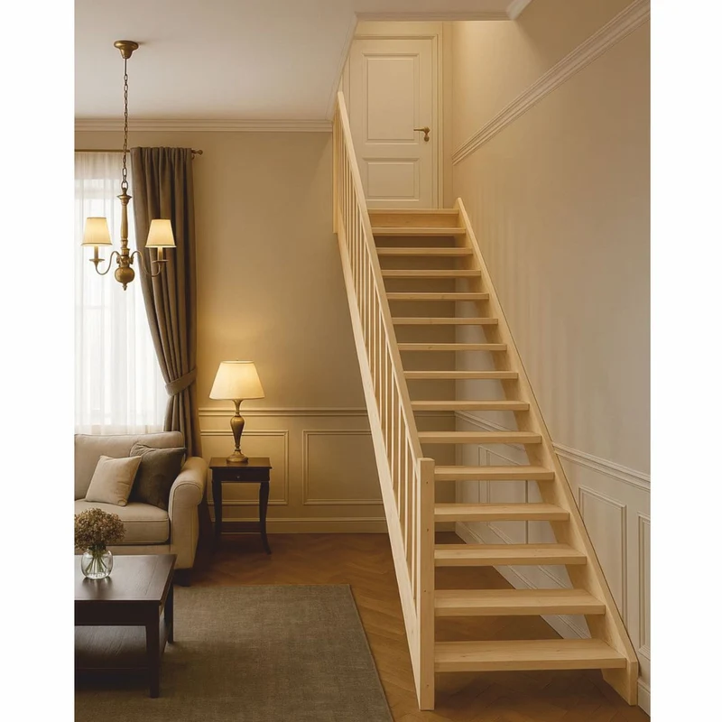 Casa Padrino Luxus Holztreppe mit Geländer linke Seite Naturfarben H. 307 cm
