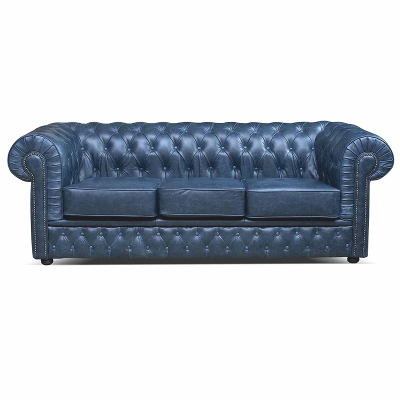 Casa Padrino Luxus Chesterfield Leder Sofa Vintage Blau / Schwarz 224 cm - Echtleder Möbel