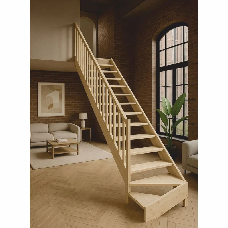 Casa Padrino Luxus Eck-Holztreppe mit Geländer linke Seite Naturfarben H. 364 cm