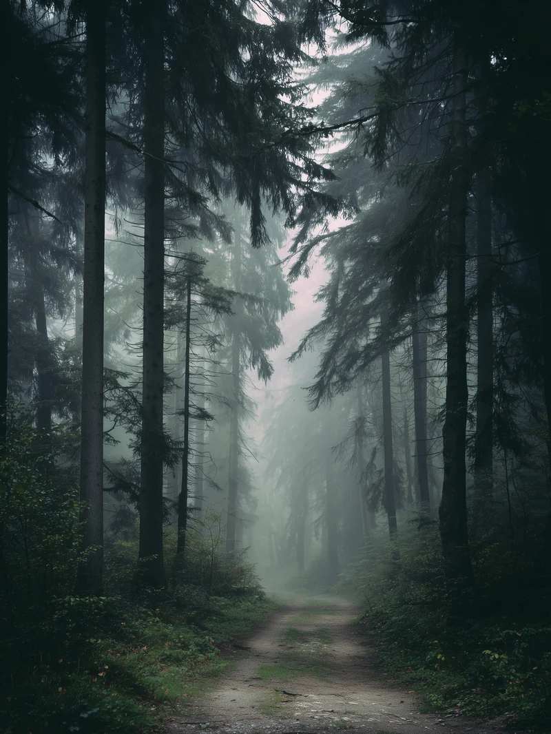 Nebelwald mit Pfad Poster