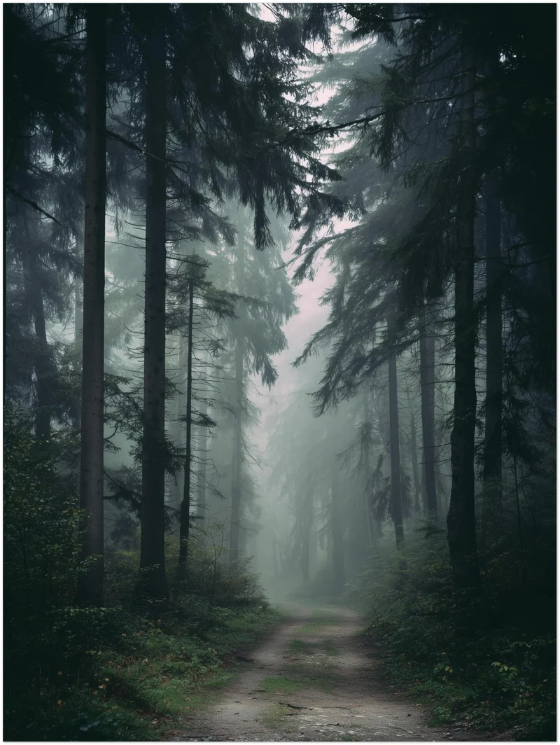 Nebelwald mit Pfad Leinwandbild