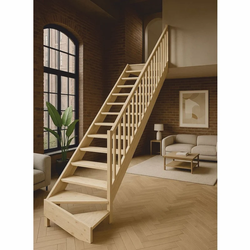 Casa Padrino Luxus Eck-Holztreppe mit Geländer rechte Seite Naturfarben H. 364 cm