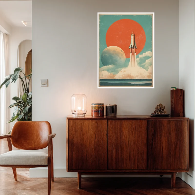 Rakete vor Planeten Poster