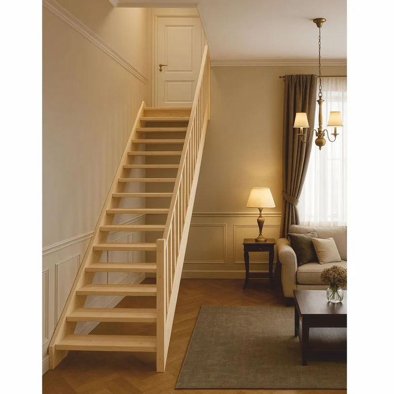 Casa Padrino Luxus Holztreppe mit Geländer rechte Seite Naturfarben H. 307 cm