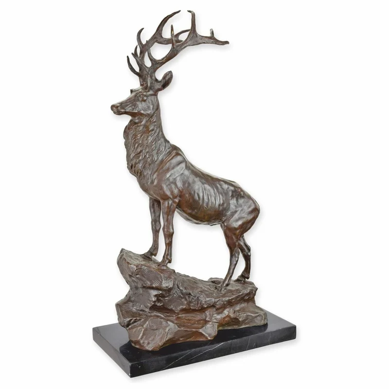 Casa Padrino Luxus Bronze Deko Skulptur Hirsch auf Felsen rechte Seite Braun / Schwarz H. 67,8 cm