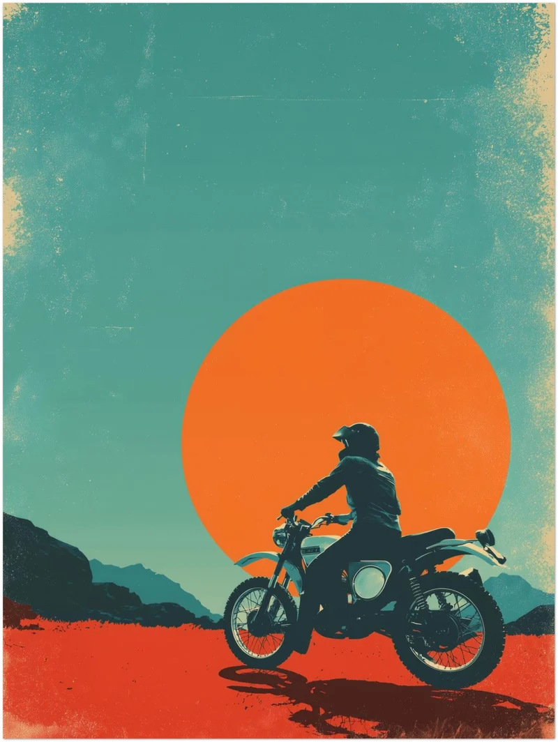 Motorradfahrer vor Sonne Leinwandbild