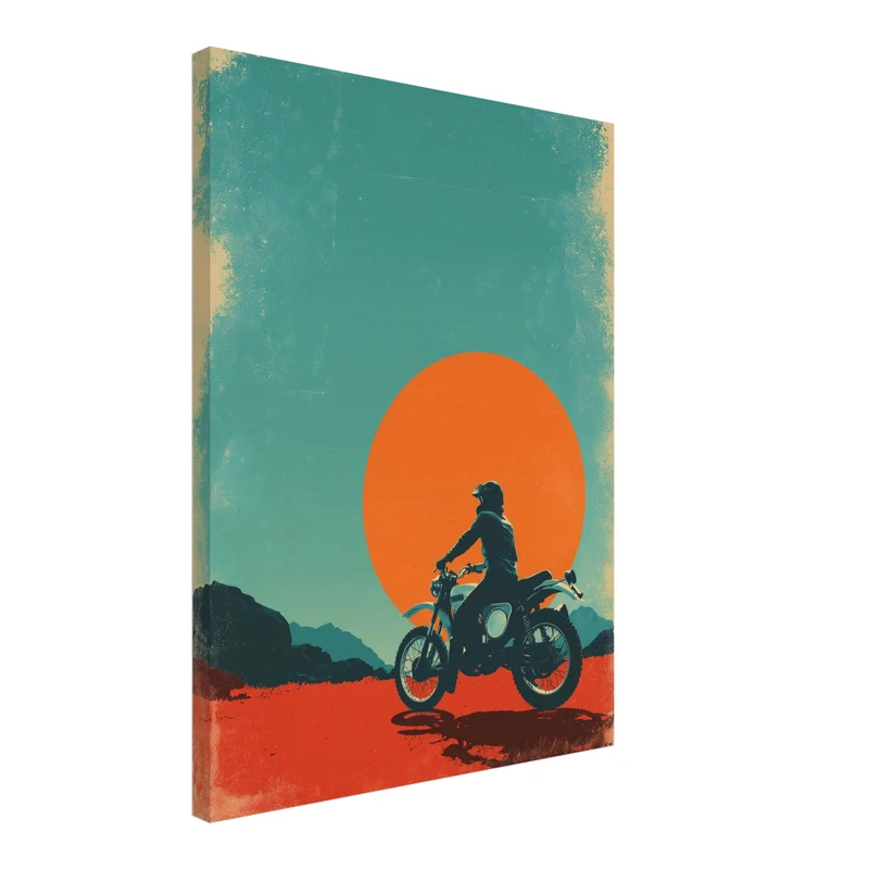 Motorradfahrer vor Sonne Leinwandbild
