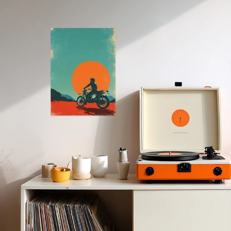 Motorradfahrer vor Sonne Poster